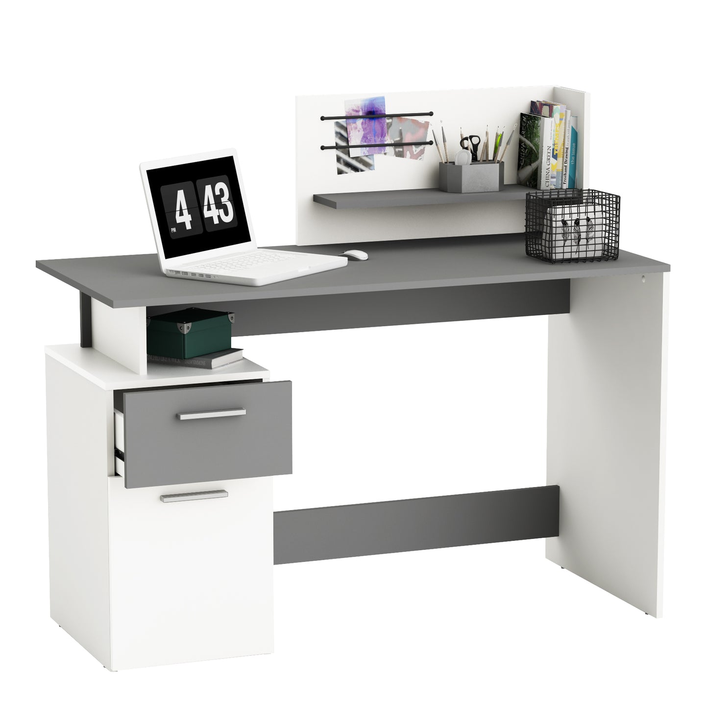 Corte Large White and Graphite Grey Office Desk with Hutch and Drawers - FurniComp