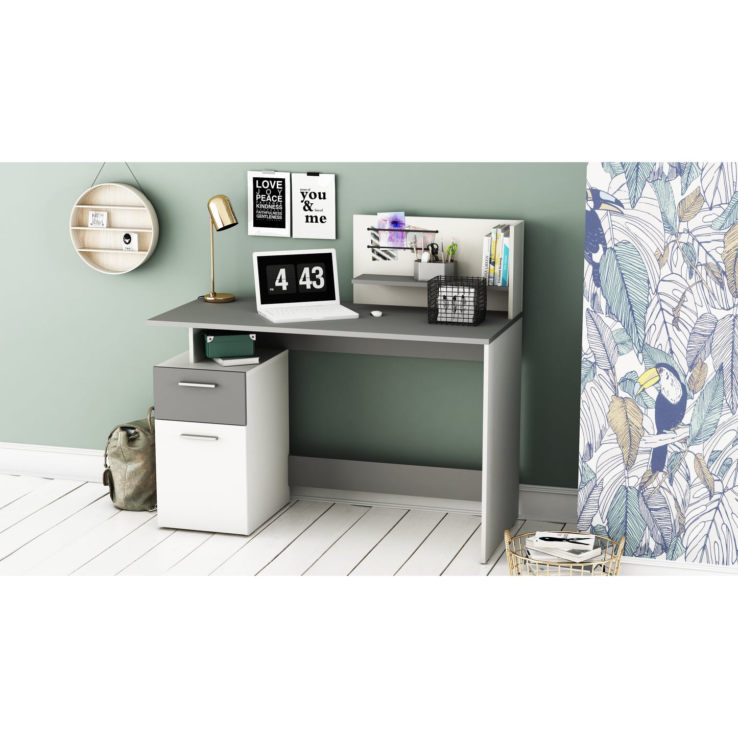 Corte Large White and Graphite Grey Office Desk with Hutch and Drawers - FurniComp