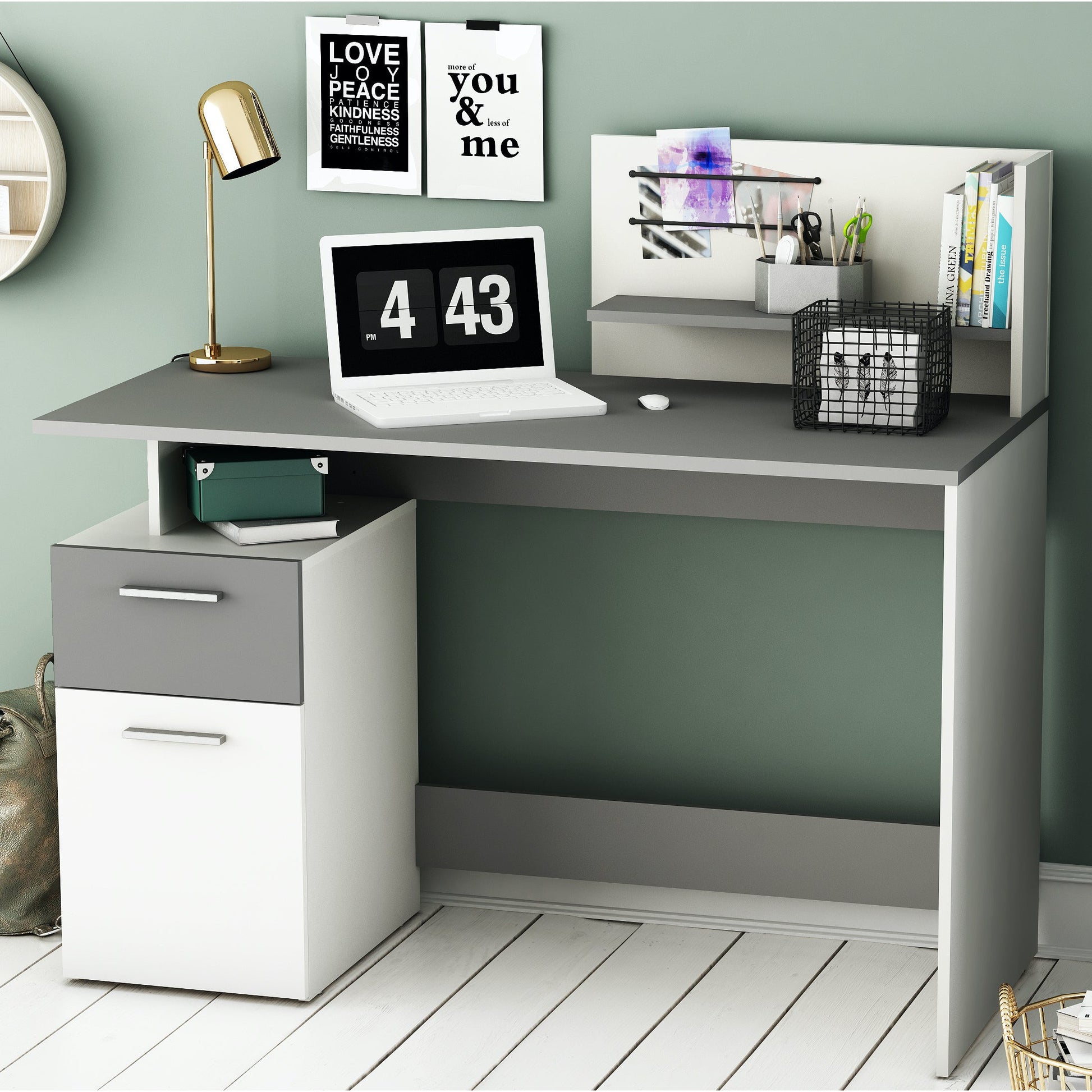 Corte Large White and Graphite Grey Office Desk with Hutch and Drawers - FurniComp