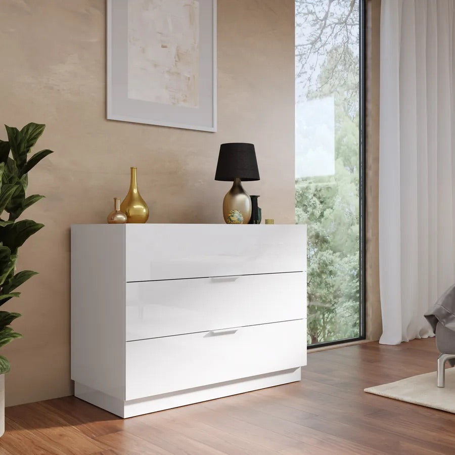 Cuba 3 Drawer 110cm Chest of Drawers - White High Gloss - FurniComp