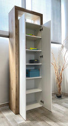 Lorenzo 2 Door White Gloss and Concrete Grey Tall Bathroom Storage Cupboard - FurniComp