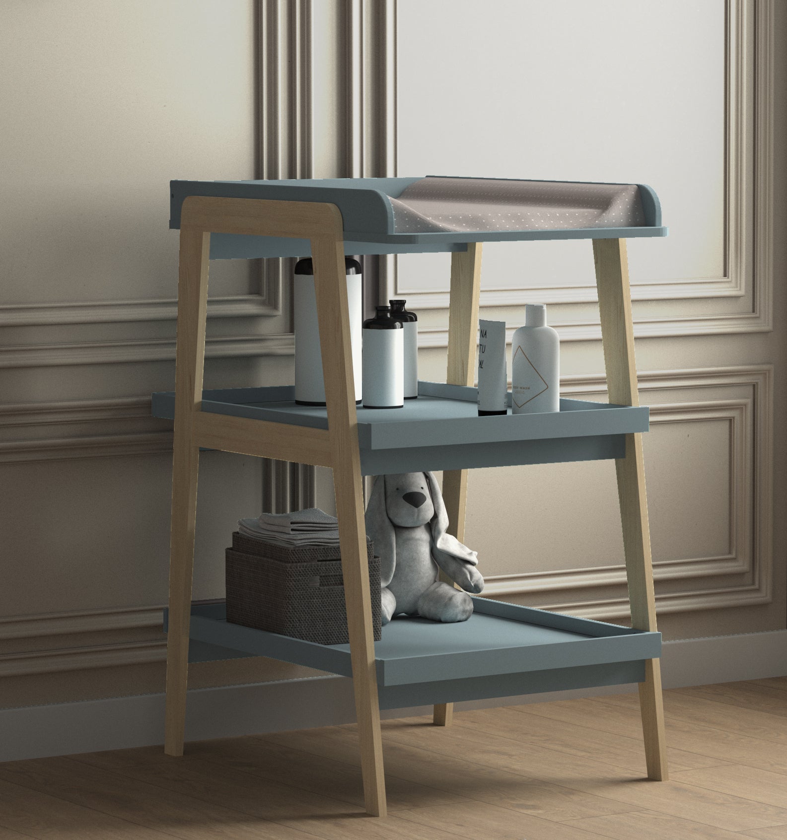 Daisy 3-Tier Open Baby Changing Unit- Blue & Oak - FurniComp