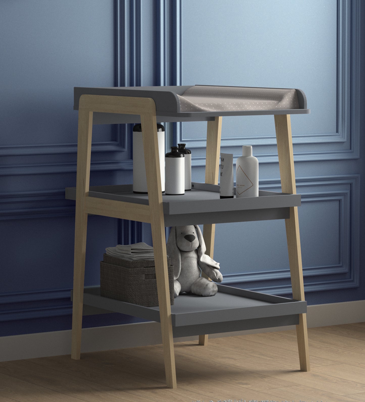 Daisy 3-Tier Open Baby Changing Unit- Concrete Grey & Oak - FurniComp