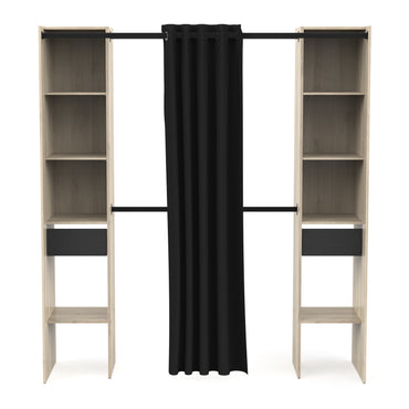 Dawn 2 Drawer Open Wardrobe with Textile Curtain - Black & Oak - FurniComp