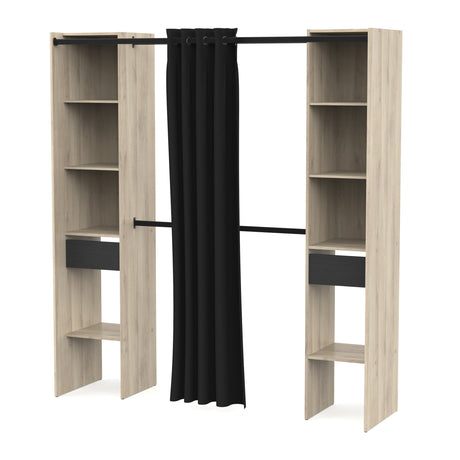 Dawn 2 Drawer Open Wardrobe with Textile Curtain - Black & Oak - FurniComp