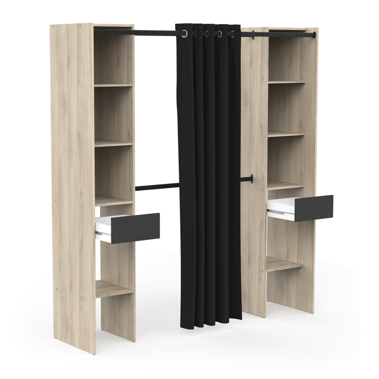Dawn 2 Drawer Open Wardrobe with Textile Curtain - Black & Oak - FurniComp