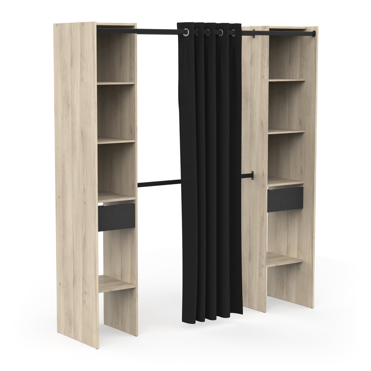 Dawn 2 Drawer Open Wardrobe with Textile Curtain - Black & Oak - FurniComp