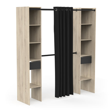 Dawn 2 Drawer Open Wardrobe with Textile Curtain - Black & Oak - FurniComp