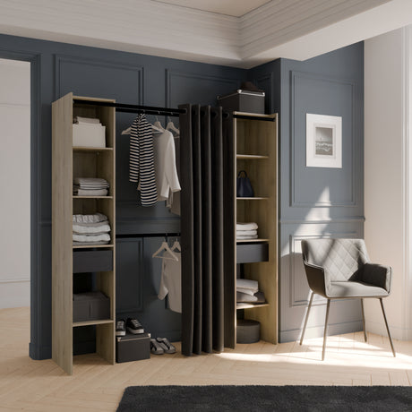 Dawn 2 Drawer Open Wardrobe with Textile Curtain - Black & Oak - FurniComp