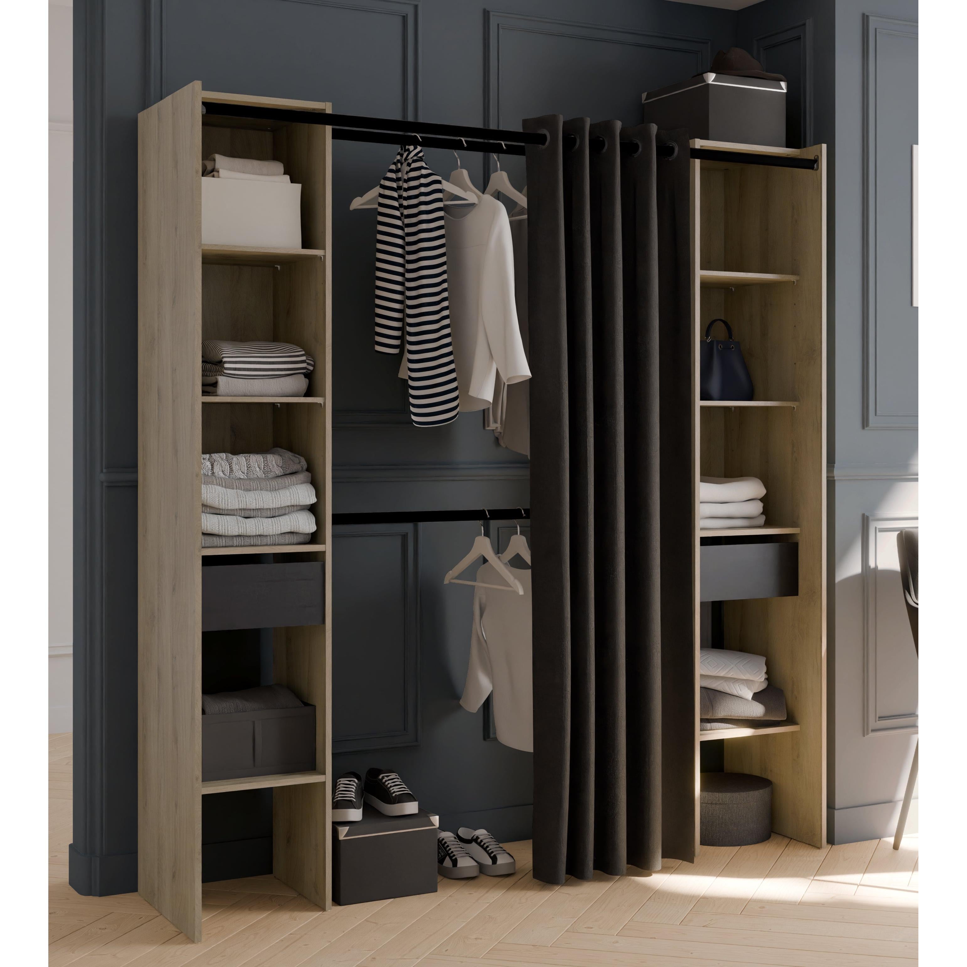 Dawn 2 Drawer Open Wardrobe with Textile Curtain - Black & Oak - FurniComp