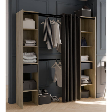 Dawn 2 Drawer Open Wardrobe with Textile Curtain - Black & Oak - FurniComp
