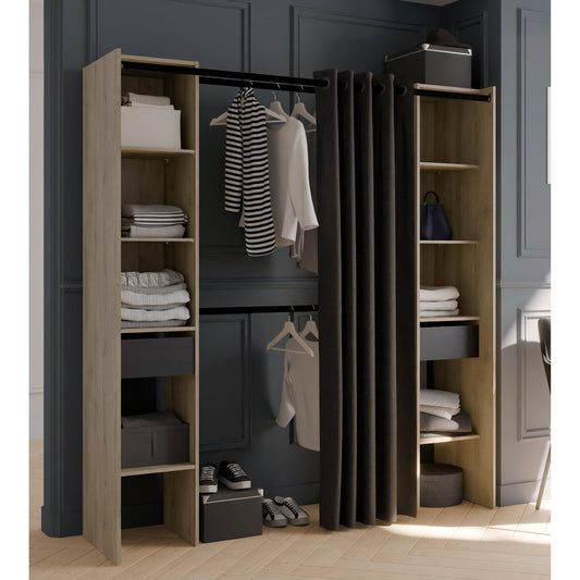 Dawn 2 Drawer Open Wardrobe with Textile Curtain - Black & Oak - FurniComp