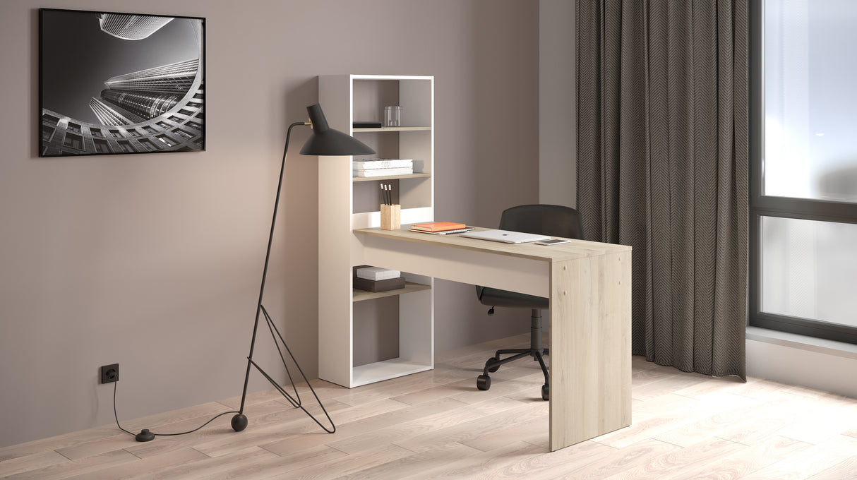 Echo Corner Office Desk with Bookcase - Matt White & Oak - FurniComp