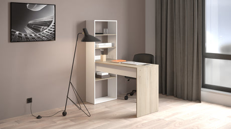 Echo Corner Office Desk with Bookcase - Matt White & Oak - FurniComp