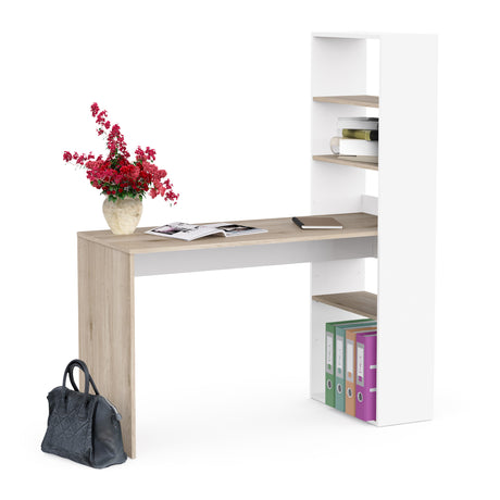 Echo Corner Office Desk with Bookcase - Matt White & Oak - FurniComp