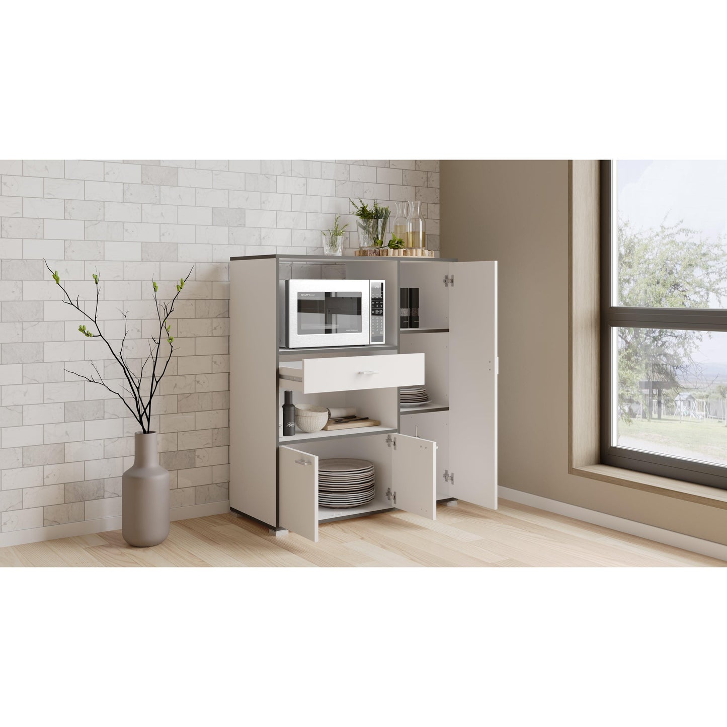 Eden Kitchen Microwave Storage Cabinet - Matt White & Black - FurniComp