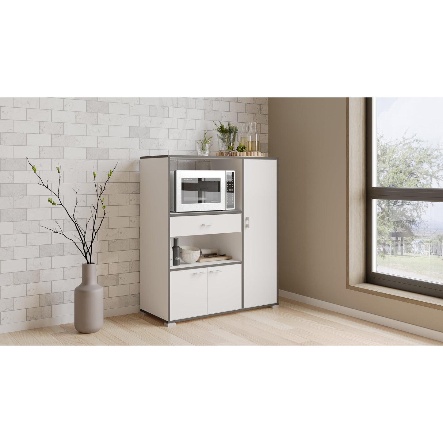 Eden Kitchen Microwave Storage Cabinet - Matt White & Black - FurniComp