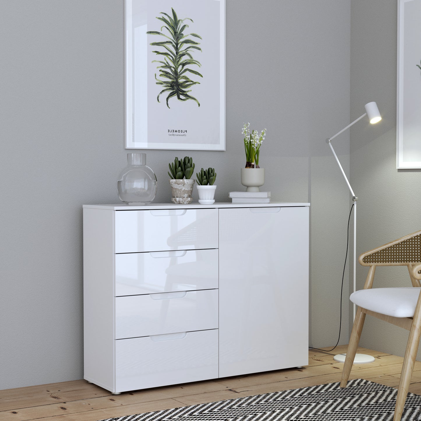 Ella White Gloss 1 Door 4 Drawer Compact Sideboard - FurniComp