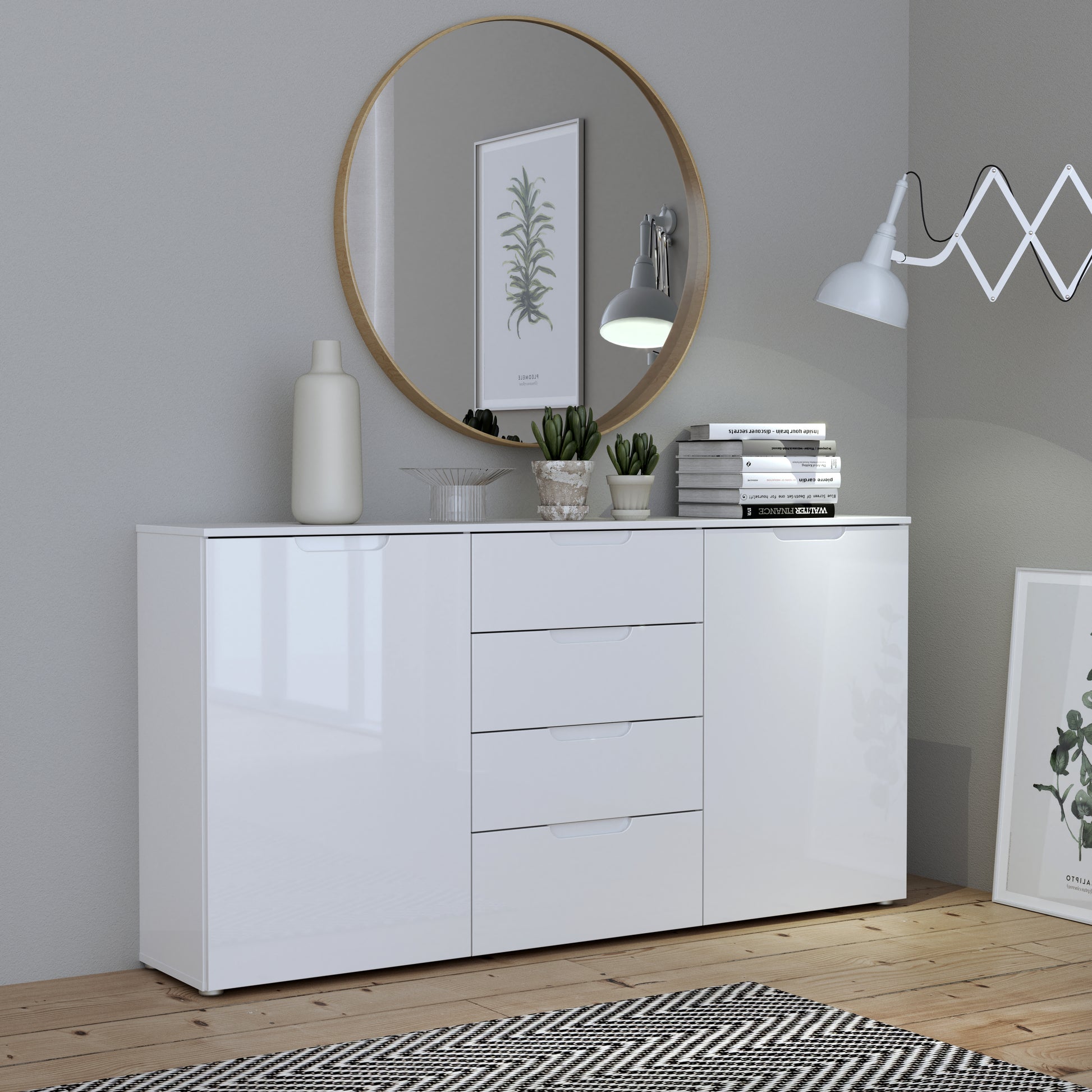 Ella White Gloss 2 Door 4 Drawer Wide Sideboard Storage Cupboard - FurniComp