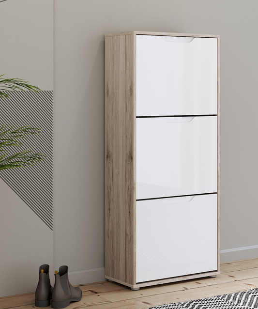 Ella 3 Drawer Small White Gloss and Oak Shoe Cabinet - FurniComp