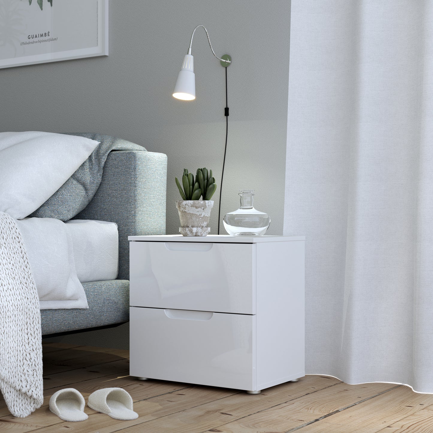 Ella 2 Drawer White Gloss Bedside Table - FurniComp