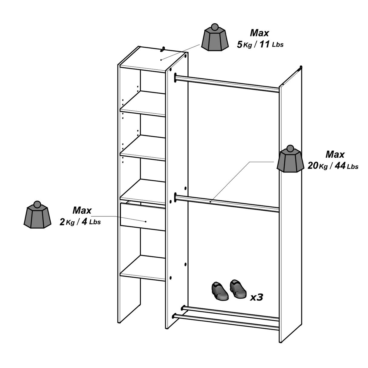 Ellis 1 Drawer Open Wardrobe with Shelves and Rail - Matt White & Oak - FurniComp