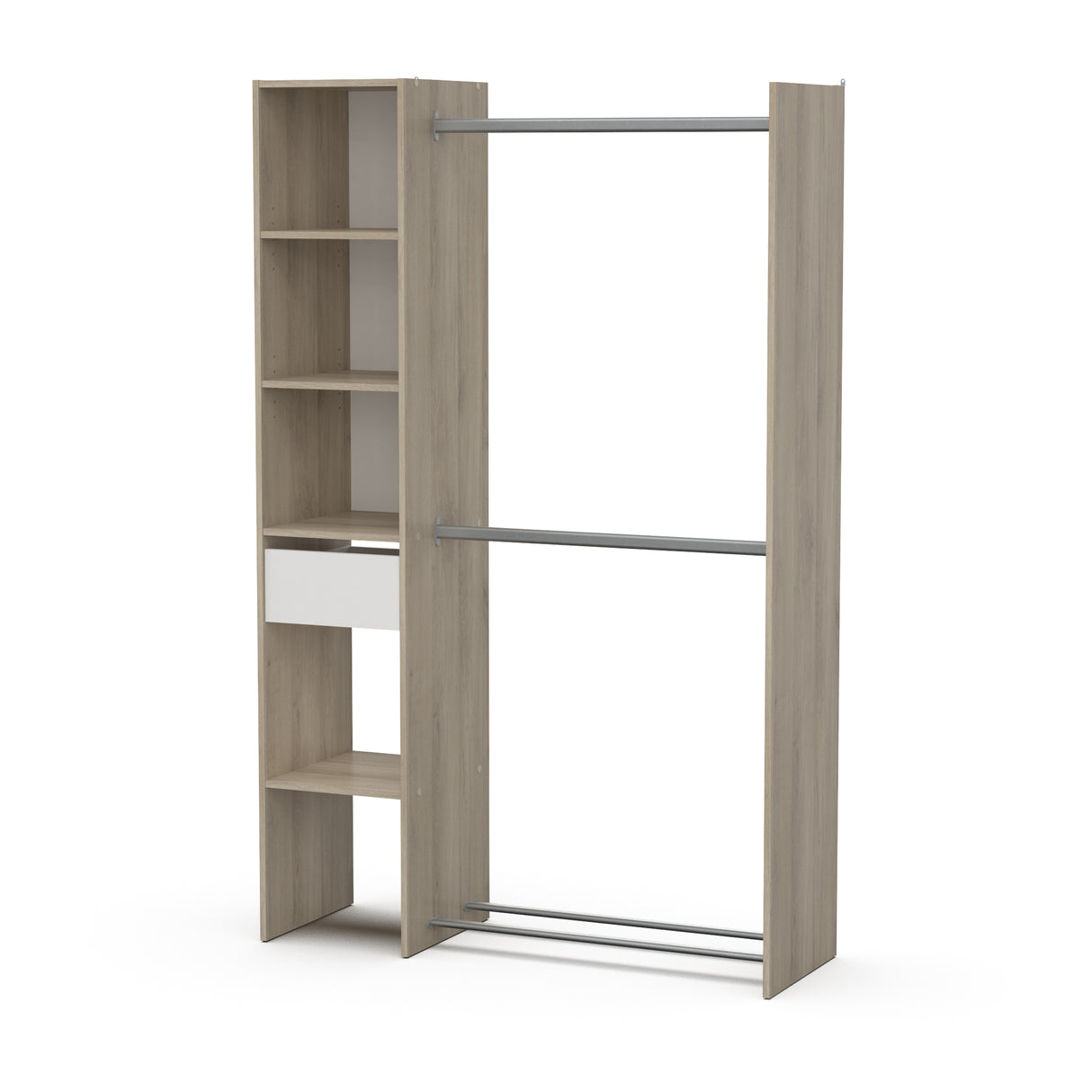 Ellis 1 Drawer Open Wardrobe with Shelves and Rail - Matt White & Oak - FurniComp