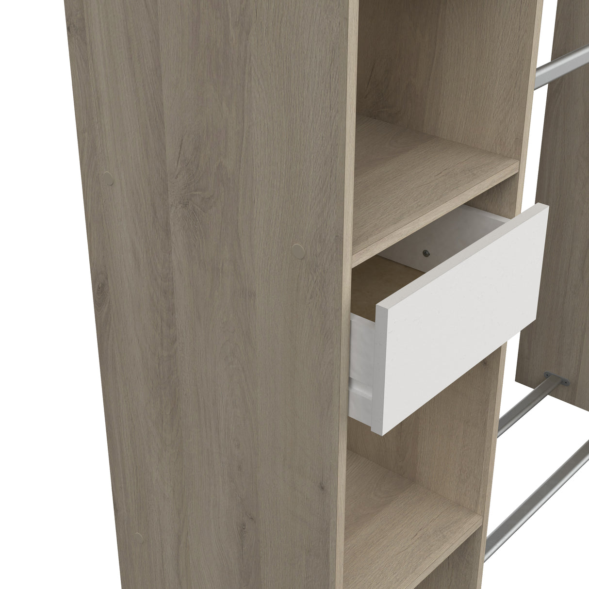 Ellis 1 Drawer Open Wardrobe with Shelves and Rail - Matt White & Oak - FurniComp