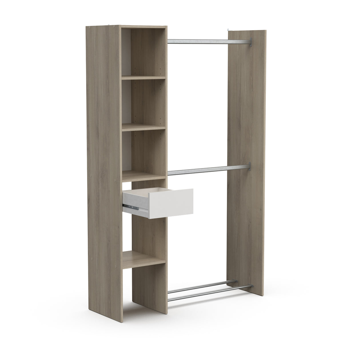 Ellis 1 Drawer Open Wardrobe with Shelves and Rail - Matt White & Oak - FurniComp