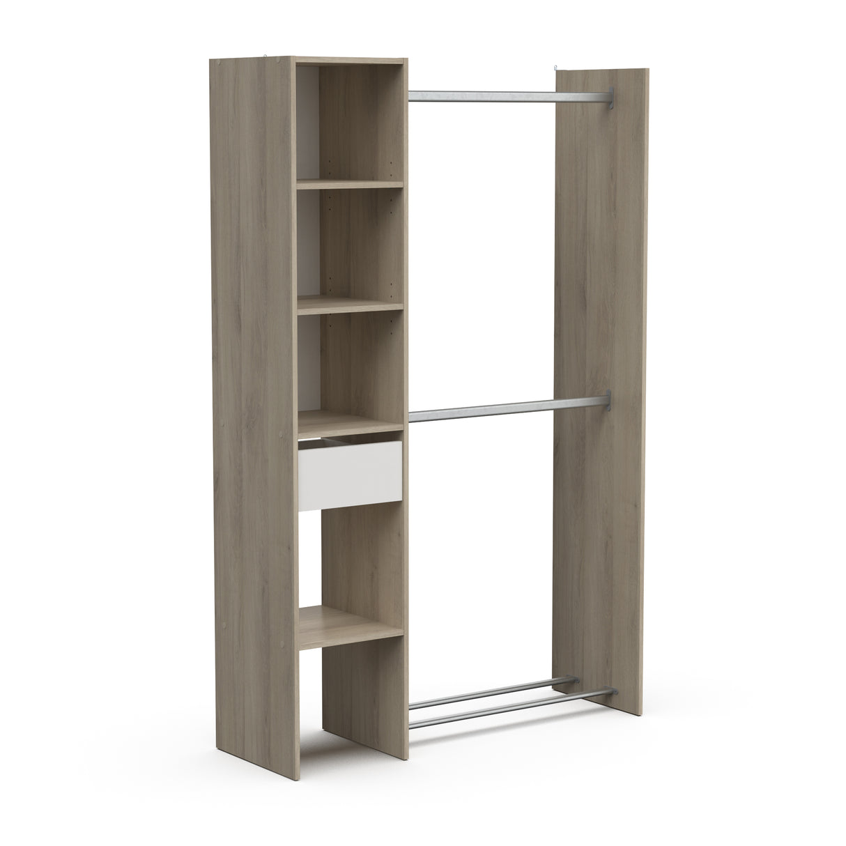 Ellis 1 Drawer Open Wardrobe with Shelves and Rail - Matt White & Oak - FurniComp