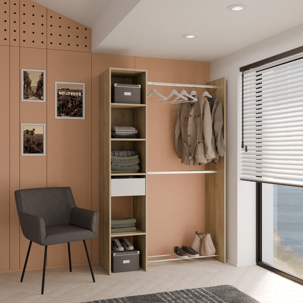 Ellis 1 Drawer Open Wardrobe with Shelves and Rail - Matt White & Oak - FurniComp