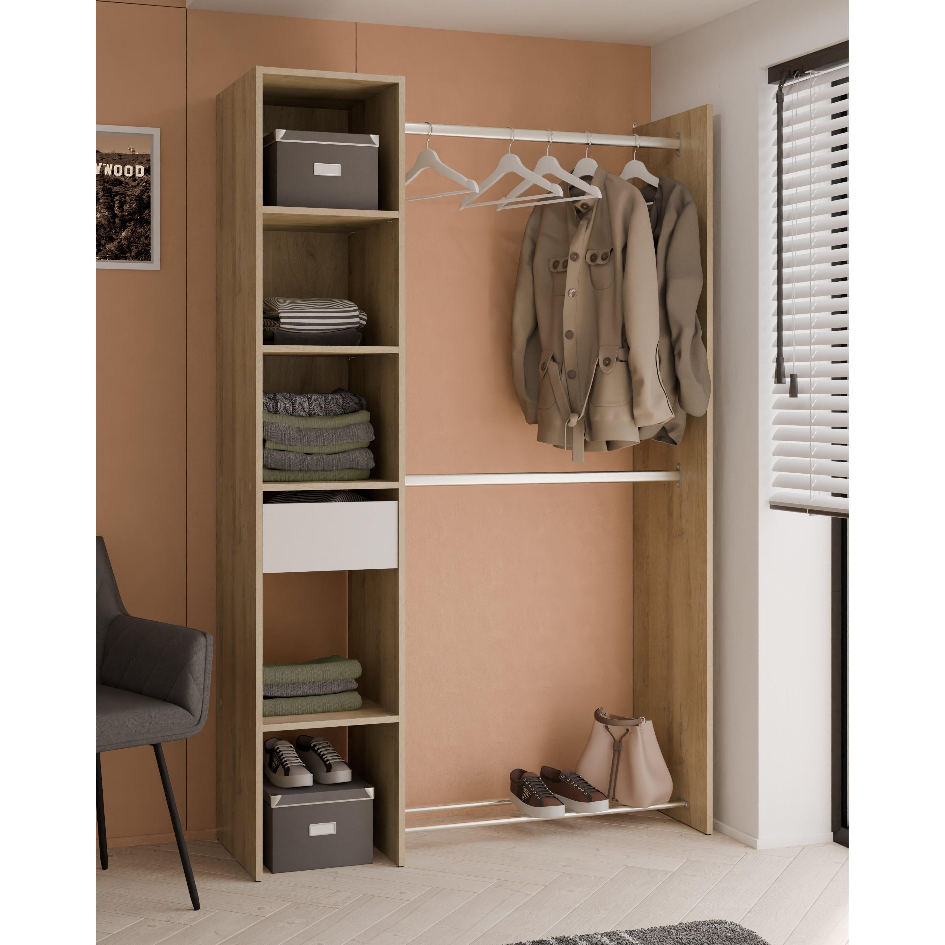Ellis 1 Drawer Open Wardrobe with Shelves and Rail - Matt White & Oak - FurniComp