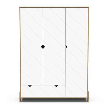 Elsie 3 Door 1 Drawer Kids Wardrobe- Matt White & Hamilton Oak - FurniComp