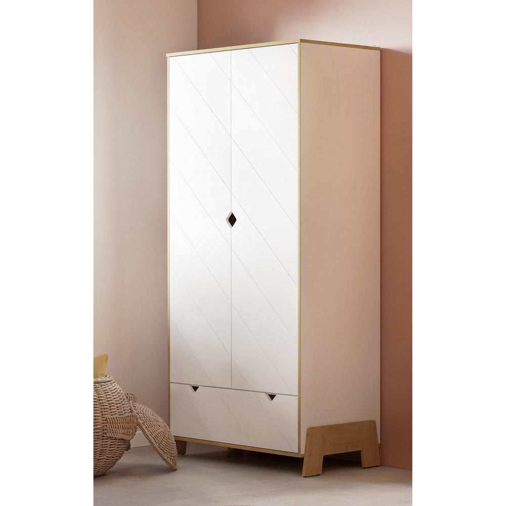 Elsie 2 Door 1 Drawer Kids Wardrobe - Matt White & Hamilton Oak - FurniComp