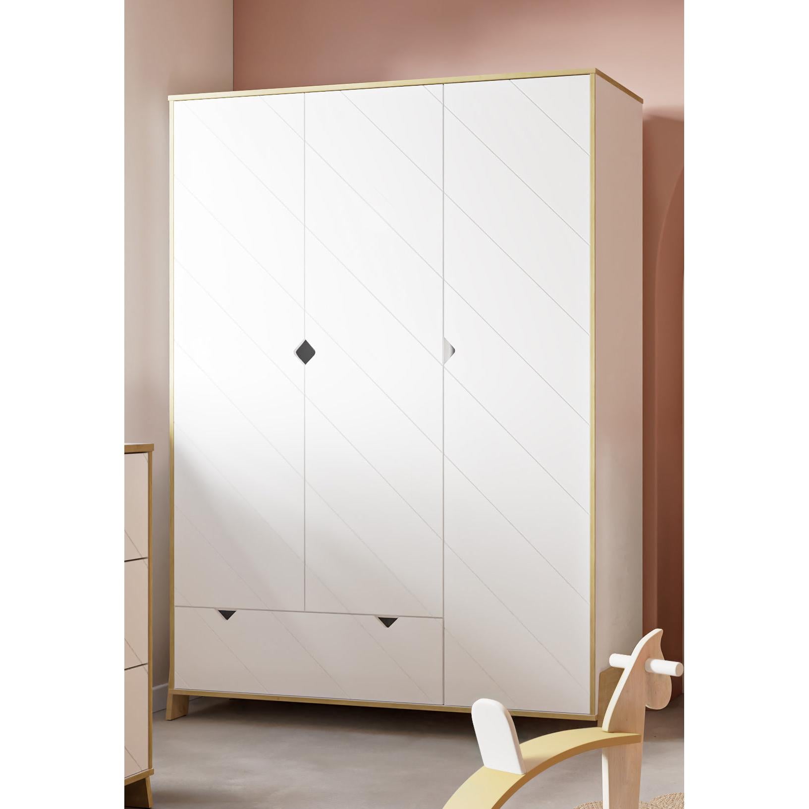 Elsie 3 Door 1 Drawer Kids Wardrobe- Matt White & Hamilton Oak - FurniComp