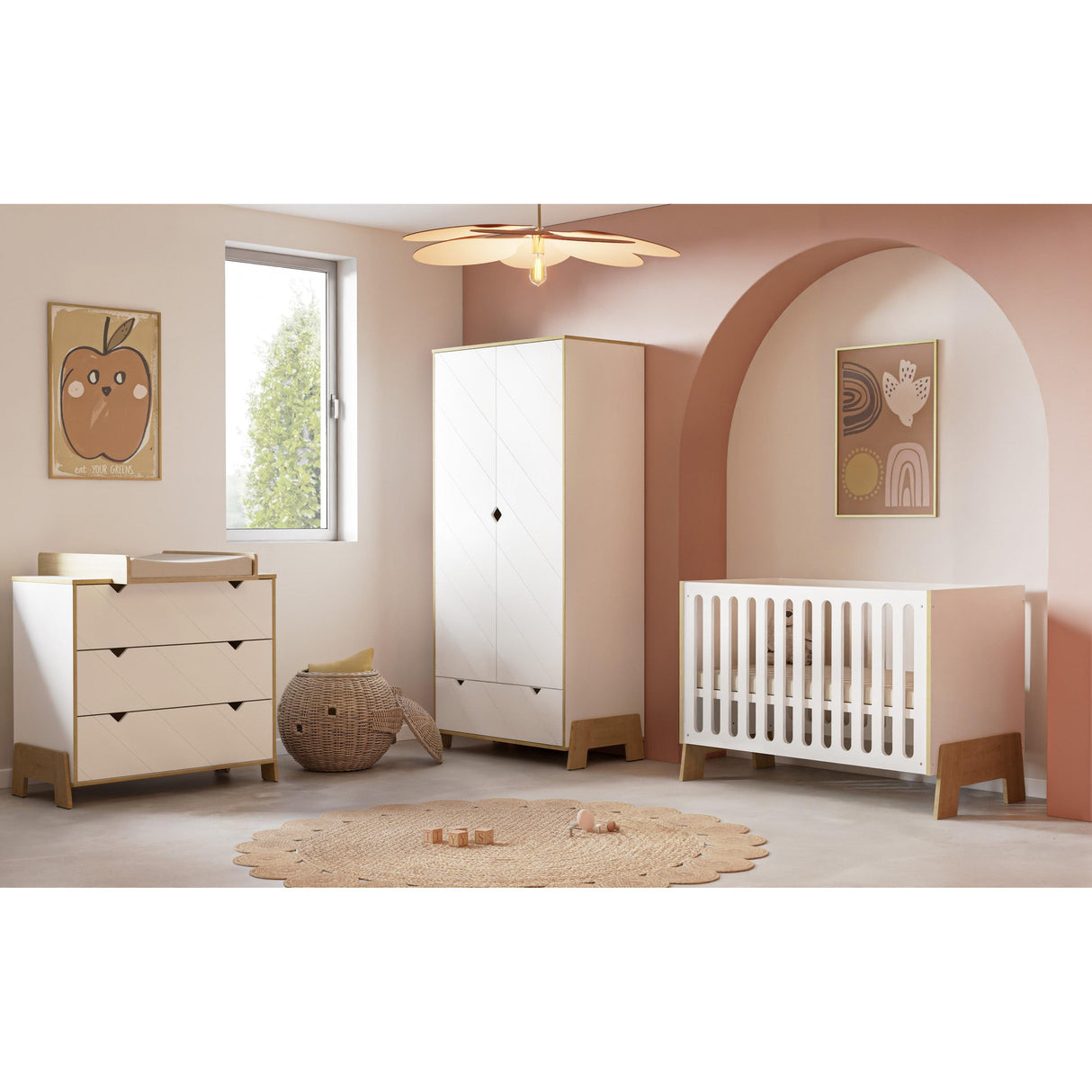 Elsie 2 Door 1 Drawer Kids Wardrobe - Matt White & Hamilton Oak - FurniComp
