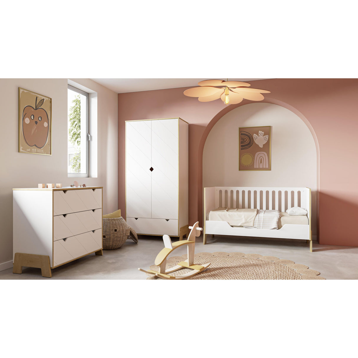 Elsie 2 Door 1 Drawer Kids Wardrobe - Matt White & Hamilton Oak - FurniComp