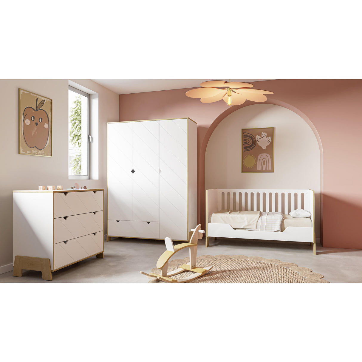 Elsie 2 Door 1 Drawer Kids Wardrobe - Matt White & Hamilton Oak - FurniComp