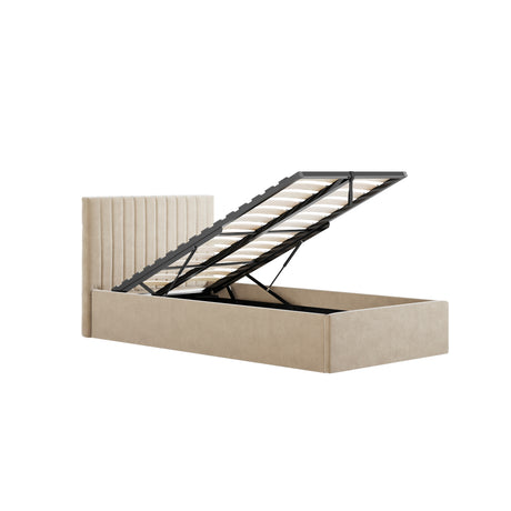 Essen Beige Velvet Ottoman Lift Up Storage Bed - FurniComp
