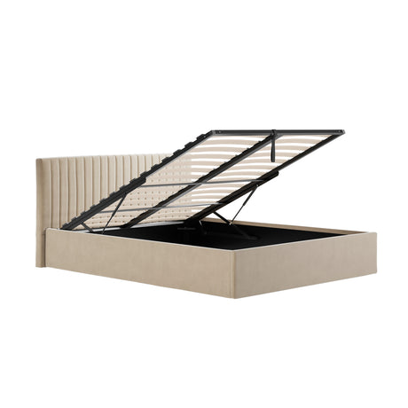 Essen Beige Velvet Ottoman Lift Up Storage Bed - FurniComp