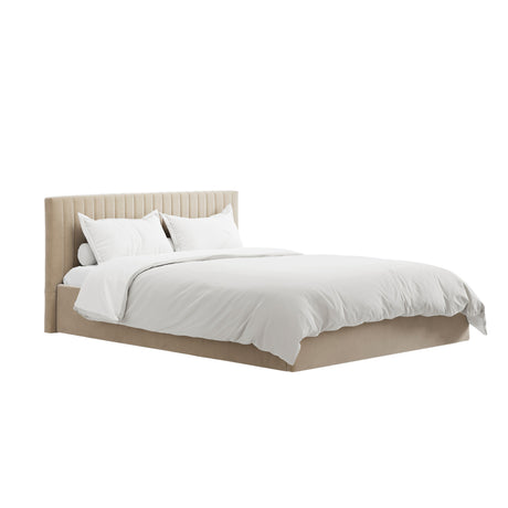 Essen Beige Velvet Ottoman Lift Up Storage Bed - FurniComp