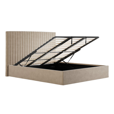 Essen Tall Beige Velvet Ottoman Lift Up Storage Bed - FurniComp