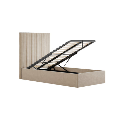 Essen Tall Beige Velvet Ottoman Lift Up Storage Bed - FurniComp