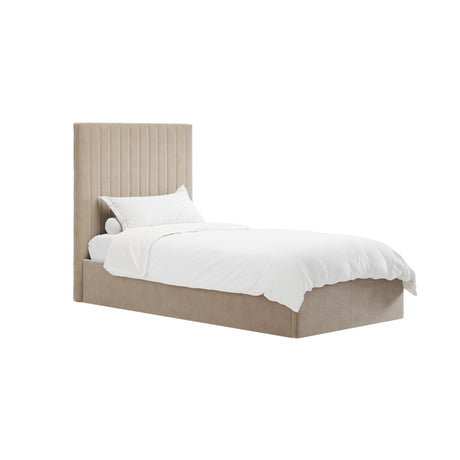 Essen Tall Beige Velvet Ottoman Lift Up Storage Bed - FurniComp