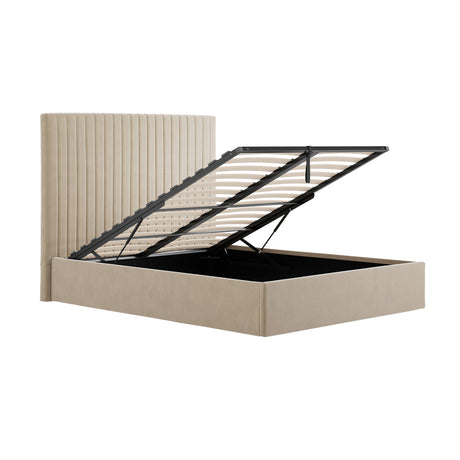 Essen Tall Beige Velvet Ottoman Lift Up Storage Bed - FurniComp