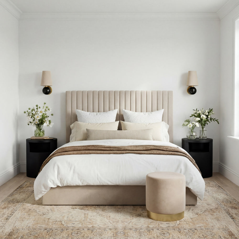 Essen Tall Beige Velvet Ottoman Lift Up Storage Bed - FurniComp