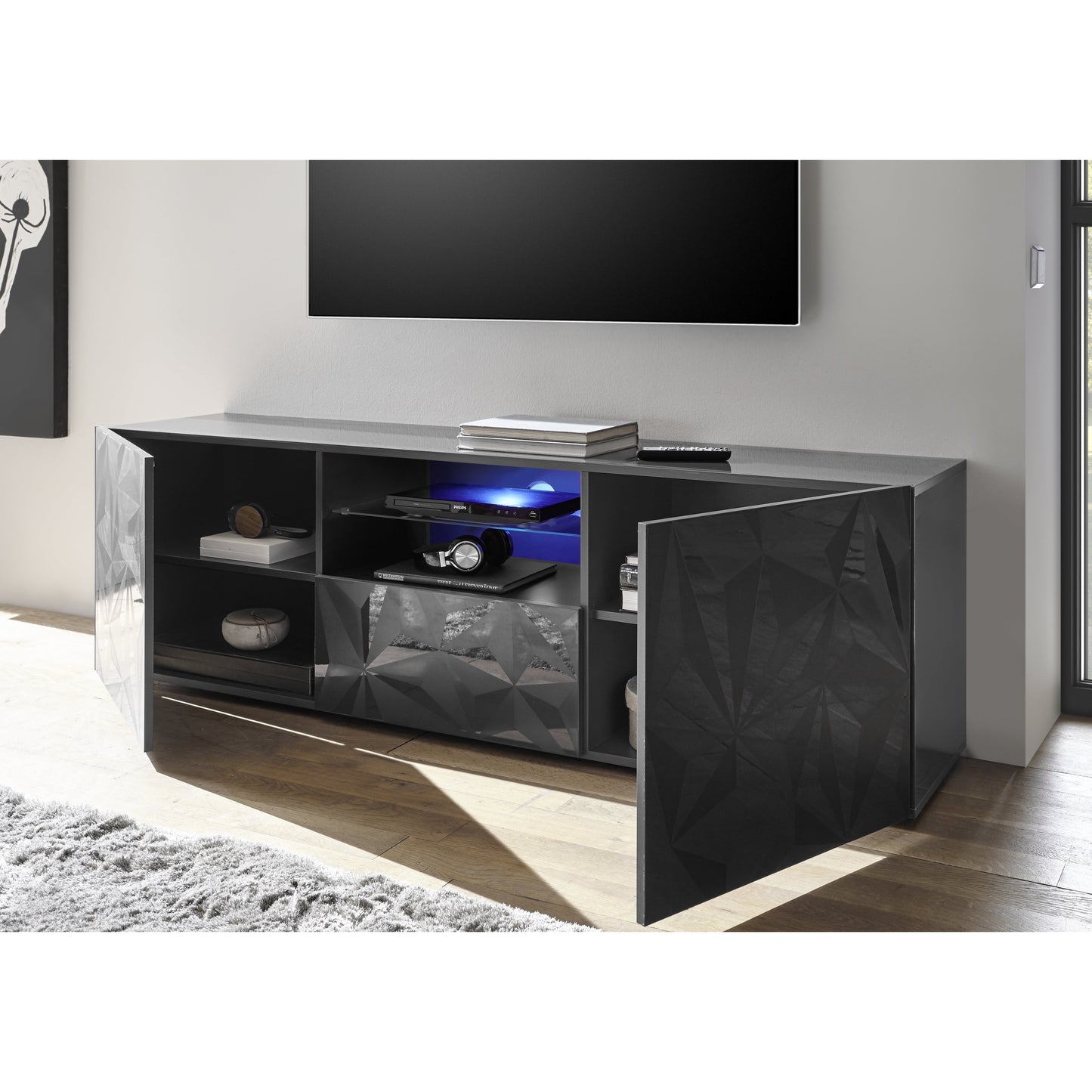 Evora 2 Door 1 Drawer Grey Gloss Large TV Stand - FurniComp