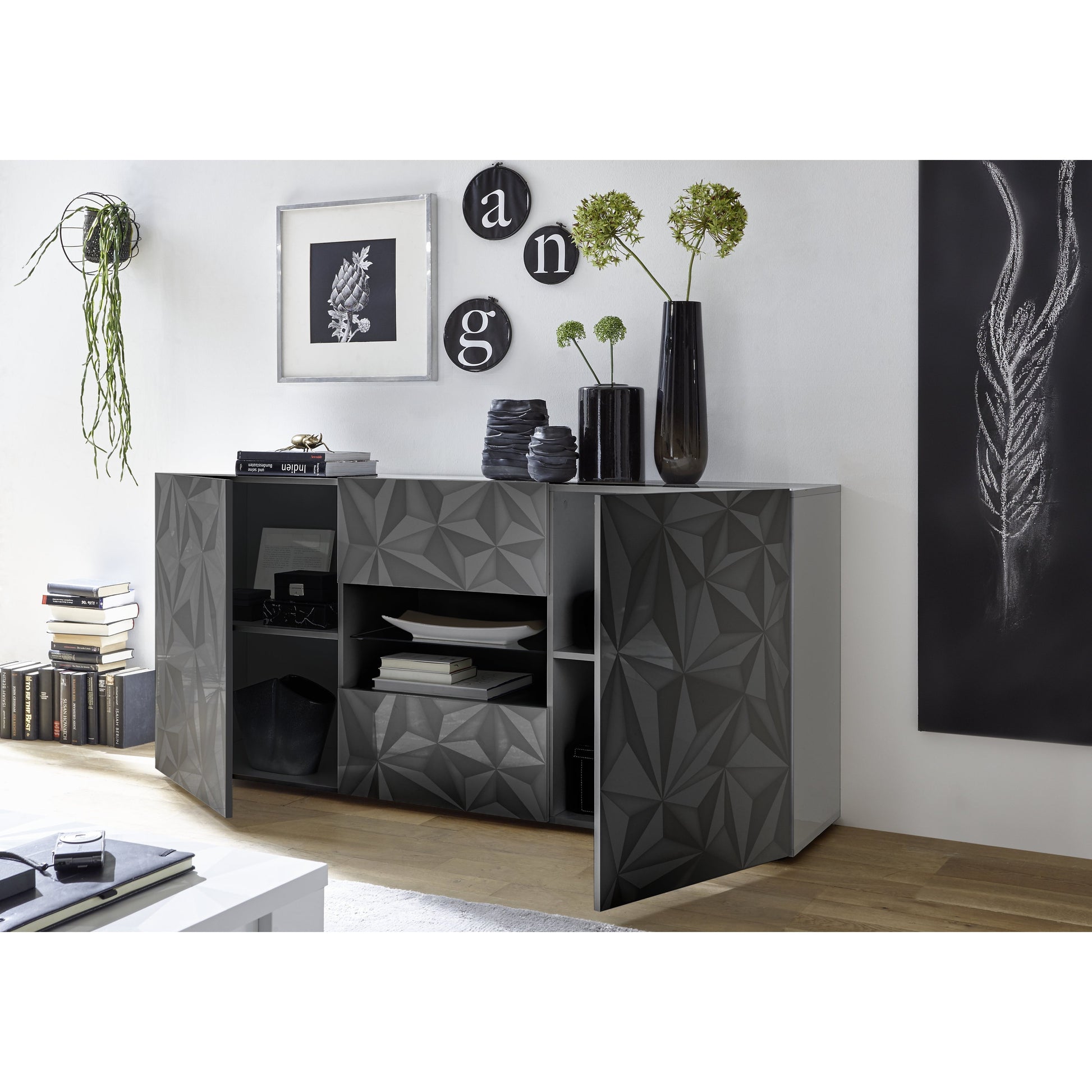 Evora 2 Door 2 Drawer Grey Gloss Sideboard - FurniComp