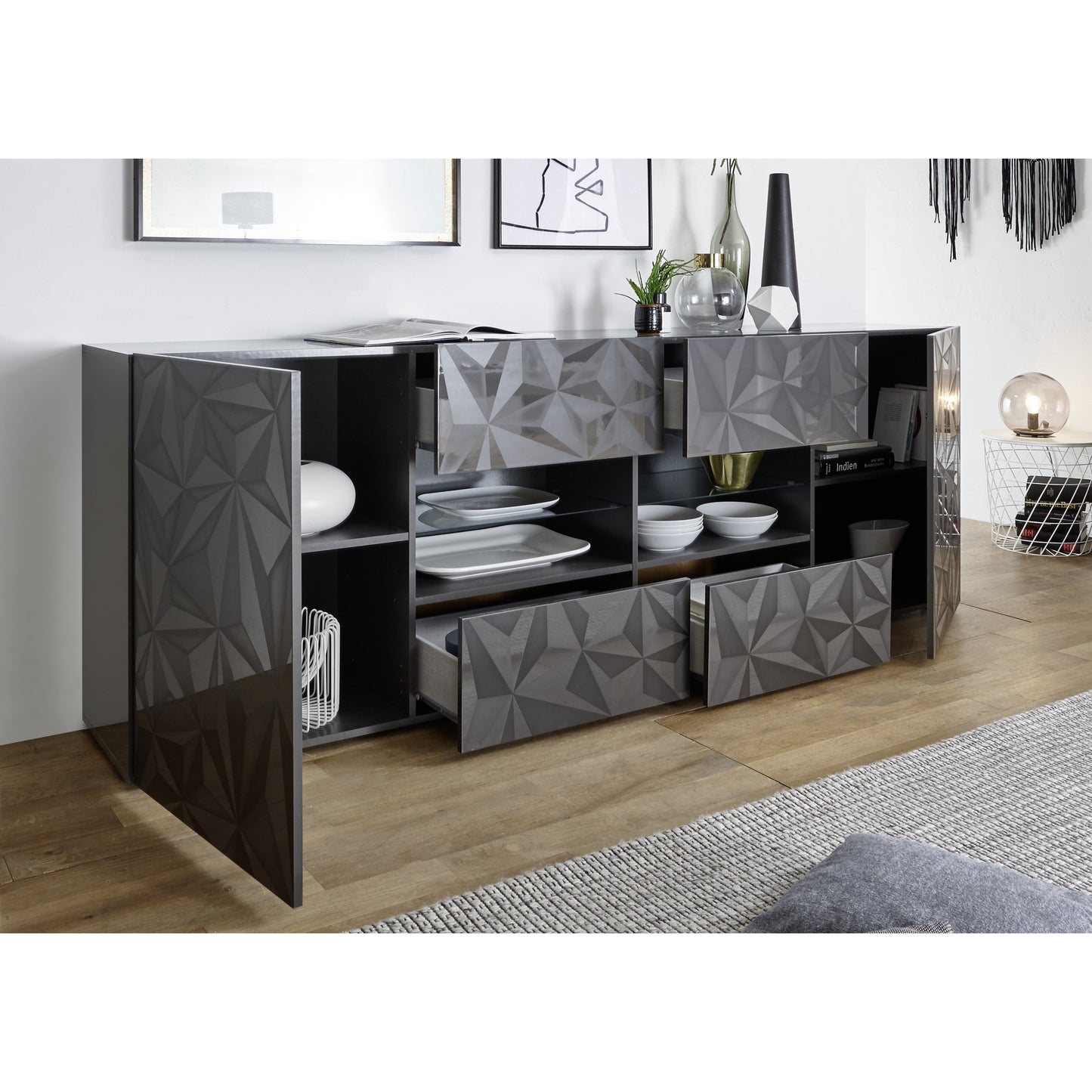 Evora 2 Door 4 Drawer Grey Gloss Sideboard - FurniComp