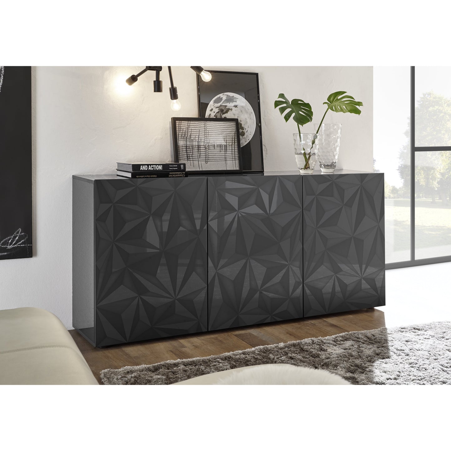 Evora 3 Door Grey Gloss Sideboard - FurniComp